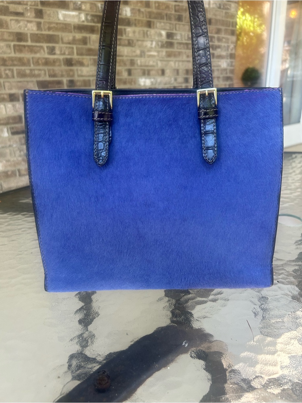 Blue Women's Tote Bag with Textured Black Straps